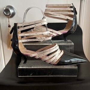 Alchimia Black and Cream Pointed Toe Strappy studded Mini Kitten Heels